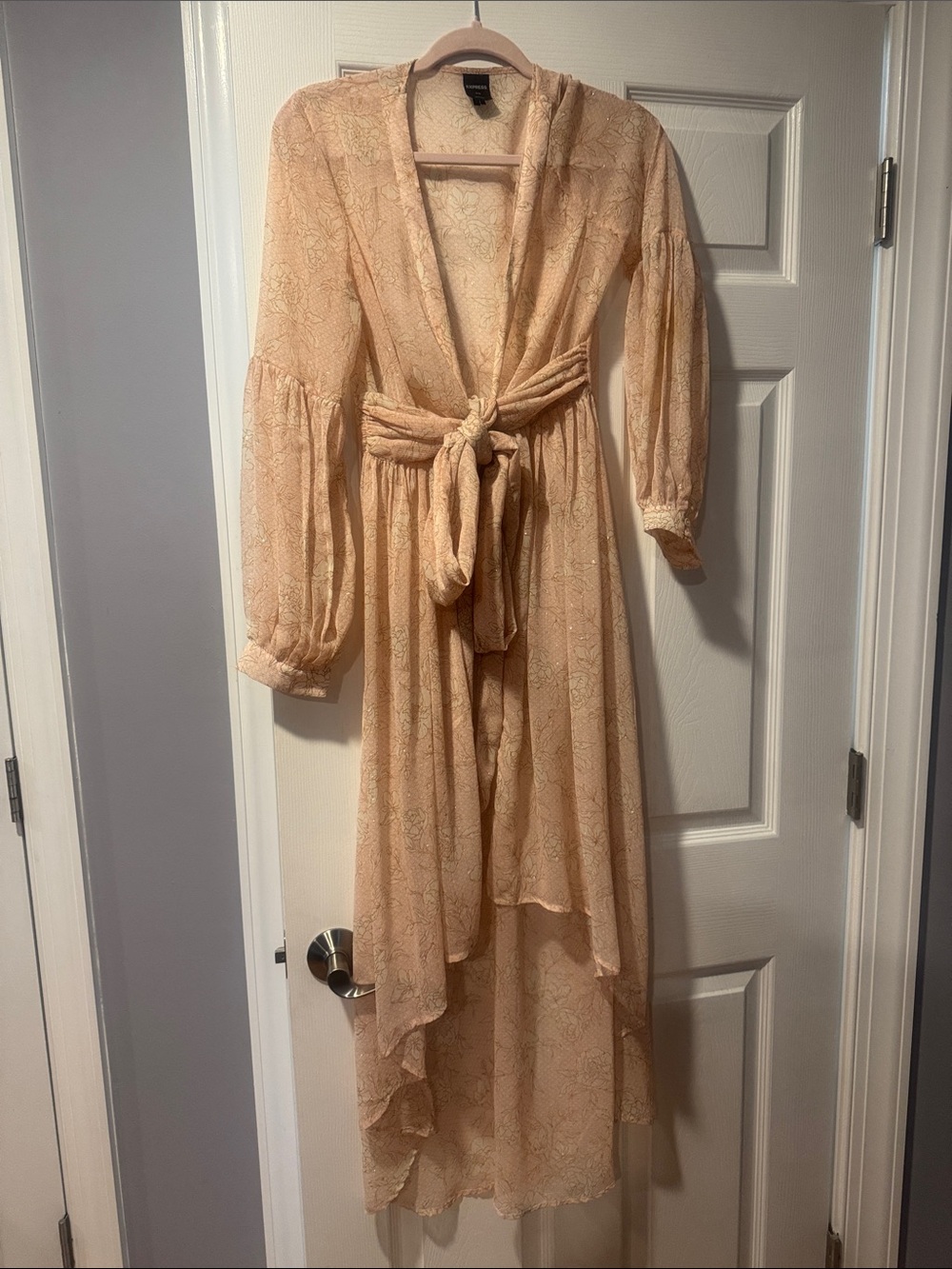 Express Peach Lace High-Low Wrap Dress with Tie Waist